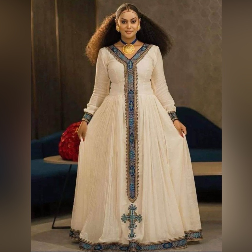 Ethiopian/ Eritrean traditional Blue Embroidered Long Sleeve Dress 100% cotton